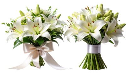 re White Lily Blooms in Two Bouquet Styles Isolated on Transparent Background