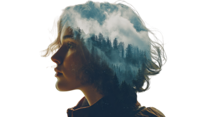 Introspective Harmony: A portrait of a woman merges seamlessly with a landscape, creating a visual symphony of the inner and outer worlds.