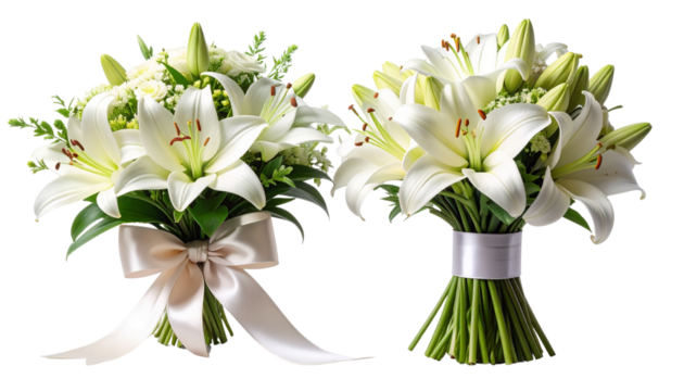 re White Lily Blooms in Two Bouquet Styles Isolated on Transparent Background