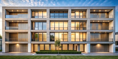 Modern Apartment Building Exterior at Dusk Stylish Residential Architecture with Balconies and Landscaping
