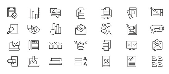 Survey line icon set. Audit, analysis, plan, evaluation, quality process, result, rewiev, feedback, exam, document