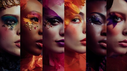 Obraz premium A row of multi-ethnic female faces, each with different shades of makeup.