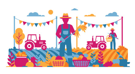 Farmers Harvesting Crops on a Sunny Autumn Day with Tractors and Decorations
