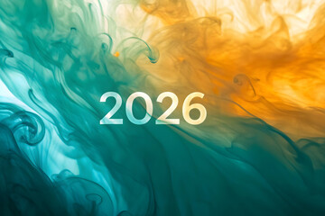 2026 year displayed over swirling teal and orange ink in water