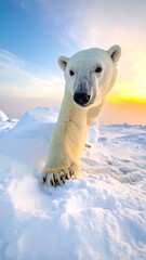 Polar bear in snowy landscape at sunrise
