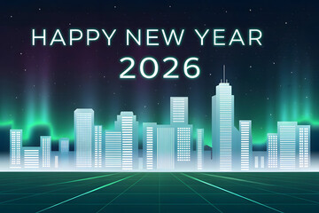 Futuristic Cityscape with Aurora Borealis and Happy New Year 2026