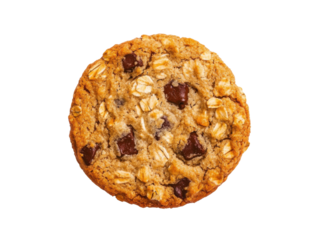 Golden Crisp Cookie: A close-up shot of a single, delectable cookie, studded with rich chocolate chunks and rolled oats, presenting a perfect embodiment of sweet delight.