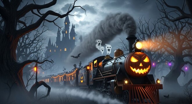 Spooky steam train with jack o' lantern face ghost smoke and haunted castle in fog