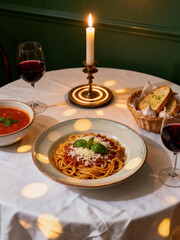 A cozy and romantic dinner setting featuring spaghetti bolognese, a side of soup, garlic bread, and two glasses of red wine by candlelight.
