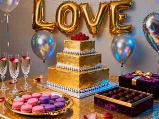 A luxurious three-tiered gold-foiled cake sits among gold LOVE balloons, champagne flutes, macarons, and chocolates for a lavish party or anniversary.
