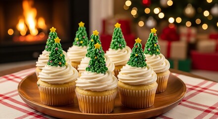 A festive display of Christmas tree cupcakes with white frosting and yellow stars, arranged on a wooden platter in front of a fireplace.