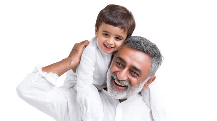 Joyful Grandfather and Grandson: A heartwarming scene unfolds as a grandfather carries his smiling grandson on his shoulders, their faces lit with happiness and love.