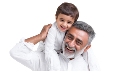 Joyful Grandfather and Grandson: A heartwarming scene unfolds as a grandfather carries his smiling grandson on his shoulders, their faces lit with happiness and love.
