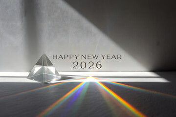 Happy New Year 2026 glass pyramid with rainbow light refraction