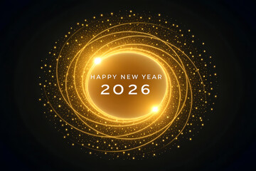 Happy New Year 2026 golden swirling light particles and text