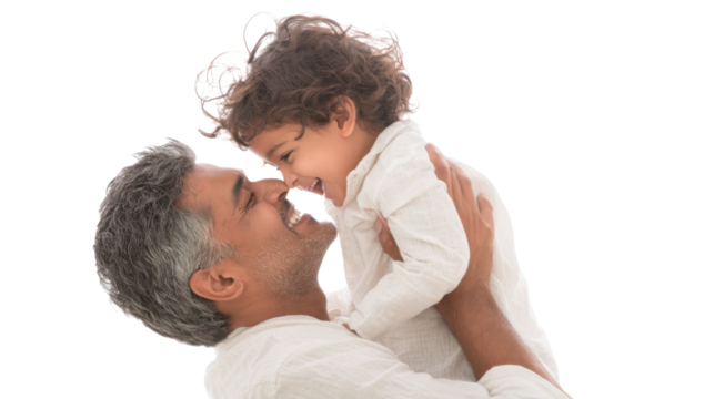 Loving Gaze: A father holds his child high, their faces illuminated by pure love and affection. Capturing the intimacy of family bonds, it speaks volumes of connection