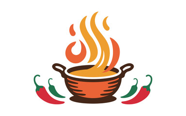cooking pot logo with hot flames and chili peppers restaurant food vector design
