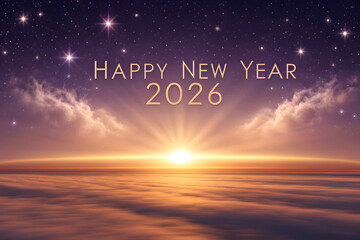Happy New Year 2026 sunrise over clouds with stars