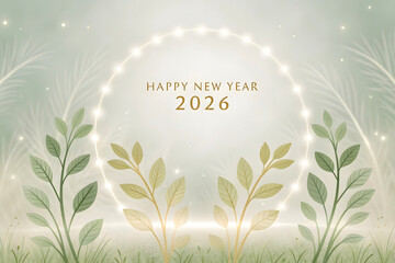Happy New Year 2026 with glowing lights and foliage