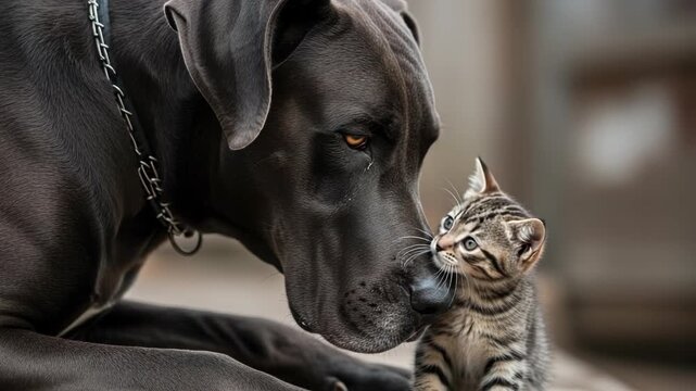 Great dane and kitten nose to nose, friendship and love