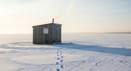 Lonely Ice Fishing Shack on Frozen Lake Snowy Winter Landscape Footprints in Snow
