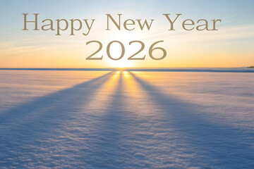 Snowy landscape with sunbeams and Happy New Year 2026
