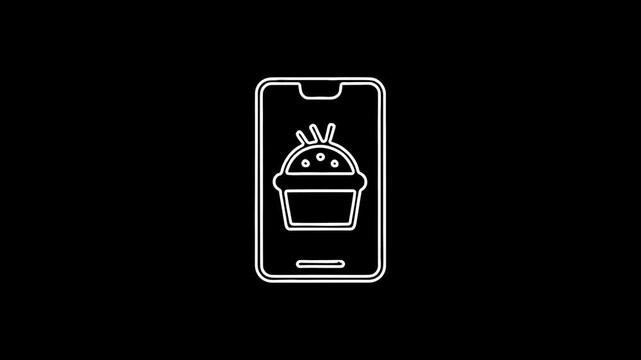 Modern white line smartphone with cupcake animation, 4K outline icon style with alpha transparency and digital dessert theme.
