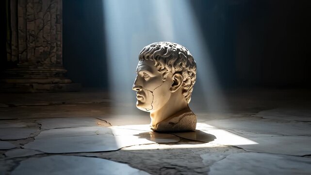 Bust of Ancient Roman Emperor Lit by Sunlight in Dark Room