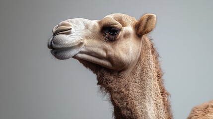 Obraz premium Close-up of a dromedary camel's head and neck against a neutral background.