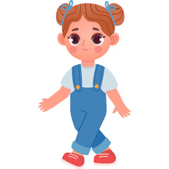 Young cartoon girl with double buns in blue overalls and white shirt walking with red shoes against a white background
