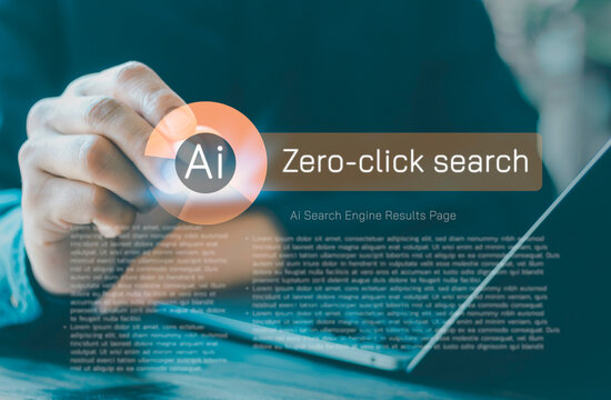 Zero Click Searches concept with businessmen using AI and virtual screens to optimize GEO, SEO, and AI Overviews. Represents the future of search engines, instant results, knowledge panel technology.