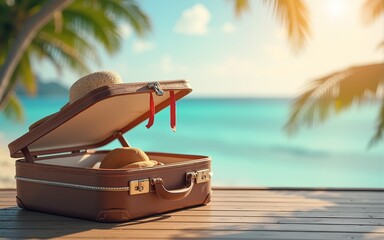 vacation travel time banner, open travel suitcase with exotic destination inside with copy space area. High quality