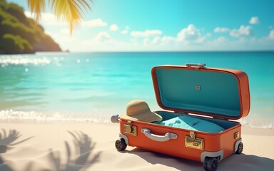 vacation travel time banner, open travel suitcase with exotic destination inside with copy space area. High quality