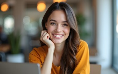 attractive travel agent smiling at camera and showing welcome gesture while sitting at workplace. High quality