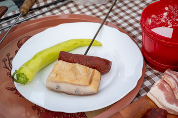 Traditional hungarian bacon and sausage for outdoor cooking