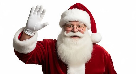 A jolly Santa Claus wearing his iconic red suit and hat, waving hello with a friendly smile.