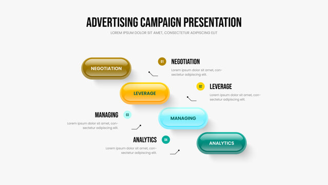 Product Introduction Presentation Template Vector Illustration. Professional Performance Four Step Infographic Slide Design. Marketing Campaign 4 Option Diagram Frame Layout.