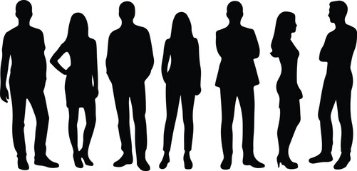 Silhouettes of men and women group, standing business people in black color, professional vector illustration.