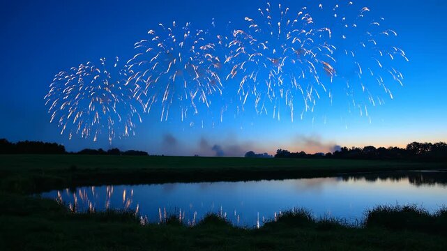 Celebrating Diwali with Eco-Friendly Fireworks over Serene Lake at Dusk A Sustainable Celebration of Light and Culture