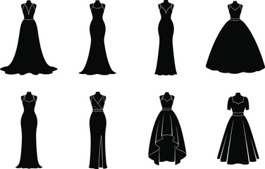 Evening gown silhouettes, black and white fashion illustration, formal dress styles, elegant clothing design, mannequin display, couture, template, stylish wear