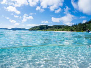 Fototapeta premium 安室島の白砂ビーチの半水面撮影。観光客やパラソル、テントが見える。美しいサンゴ礁と熱帯魚の群れ。 安室島沖縄県 島尻郡慶良間諸島座間味島-2025 サンゴの産卵があり卵が漂う。沖縄本島から40km西方の諸島。30以上の島嶼群全体が国立公園に指定。珊瑚礁の青い海と白い砂浜は世界屈指の美。貴重な動植物が多数生息。 