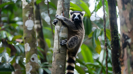 Lemur clinging to tree in forest