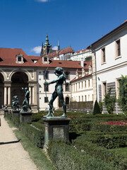 Wallenstein garden statues with prague castle in background