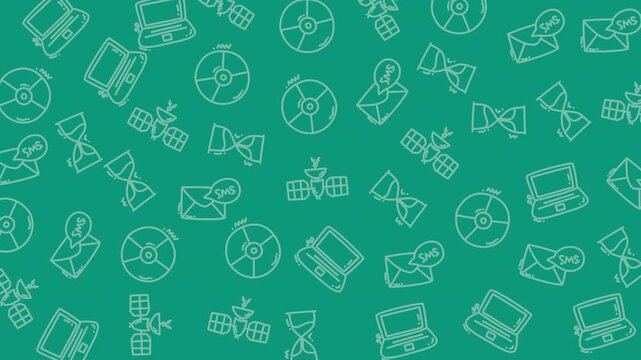 pattern with hand-drawn doodles of satellites, laptops, and planets in line art style on teal background. Perfect for technology, science, and space-themed designs