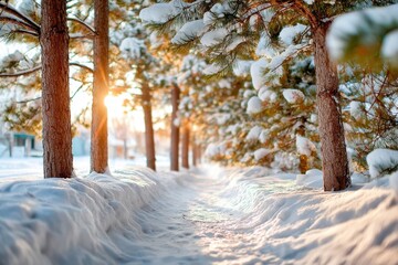 Serene winter path through snow-covered pines with sunrise glow in a quiet forest