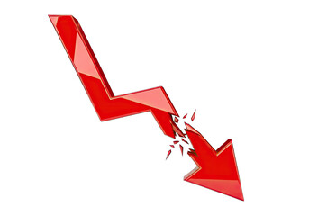 Declining Red Arrow Symbol with Shattered Fragments on Transparent Background
