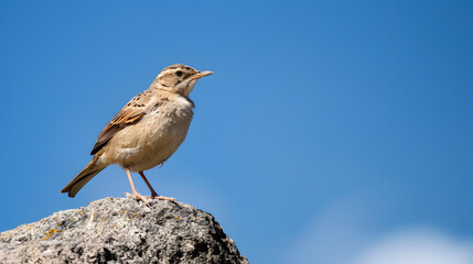 Bird perched on rock against blue sky
