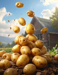 Freshly Harvested Potatoes - A Bountiful Pile Under a Sunny Sky.