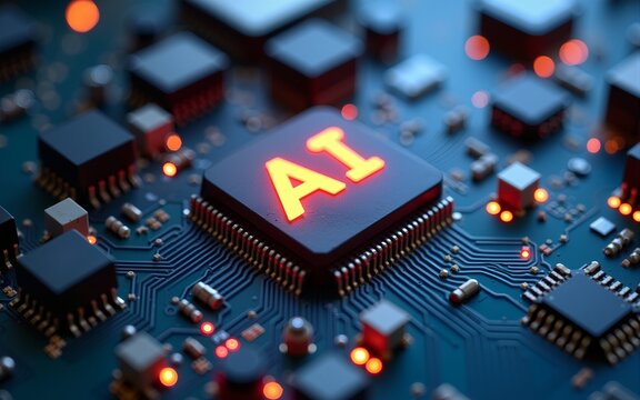 motherboard with ai written on it. Concept AI (Artificial Intelligence) technology, chip IC on PCB, PCB circuit board, microprocessor. High quality