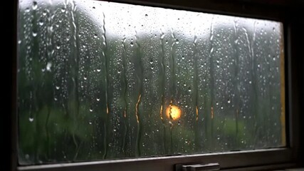 Raindrops run down a window pane with a blurred sunset and green trees outside - Powered by Adobe